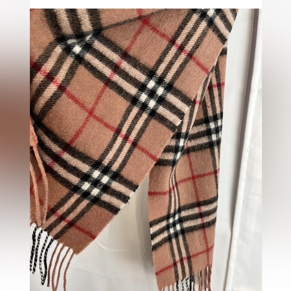 O My Cashmere Lamb Wool Cashmere Tan Black Plaid Fringe Scarf 60”x12” - Picture 3 of 7